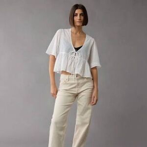 American Eagle Outfitters White Tie-Front Peplum Blouse